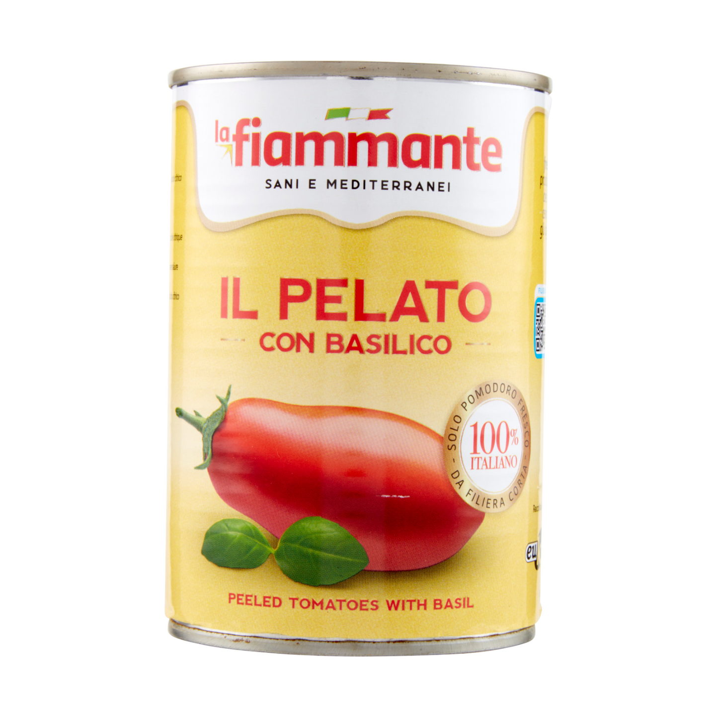 Pomodori Pelati Interi, geschälte Tomaten mit Basilikum – 400 g La Fiammante